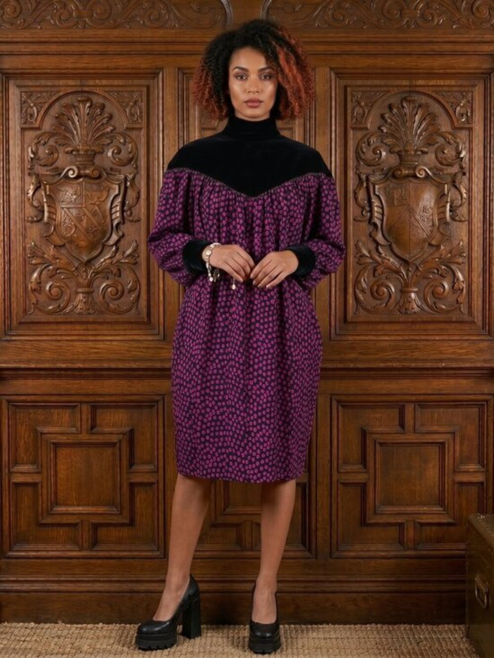 VNTG Rickie freeman for Terijon Black & Fuchsia Polka Dot Velvet Yoke Dress